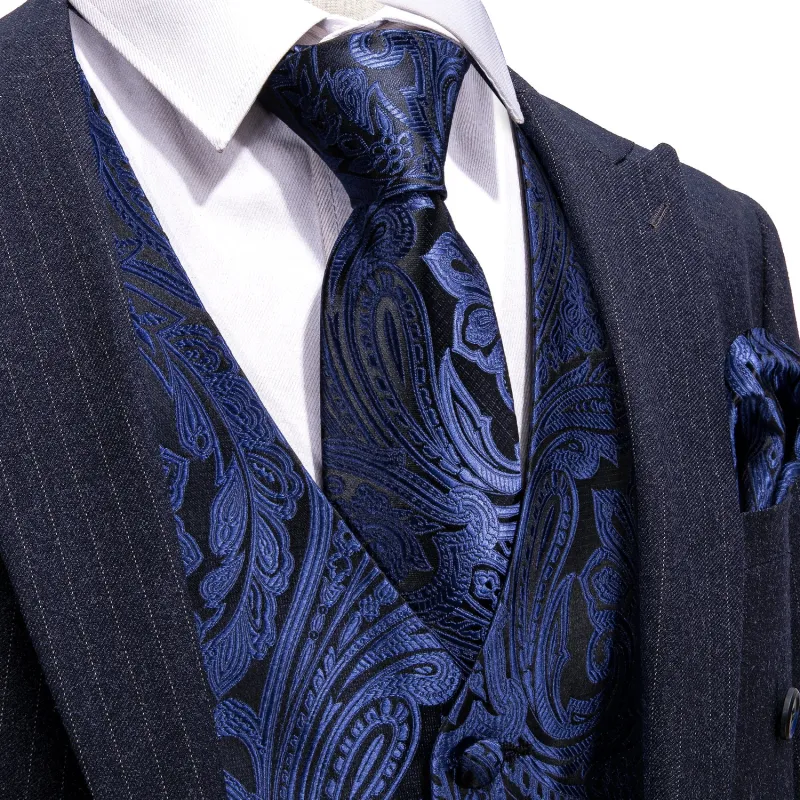 Barry. Wang Navy Blue Suit Vest Paisley Silk Jacquard Wedding Vest Tie Hanky Cufflinks Set sold by Barrywang