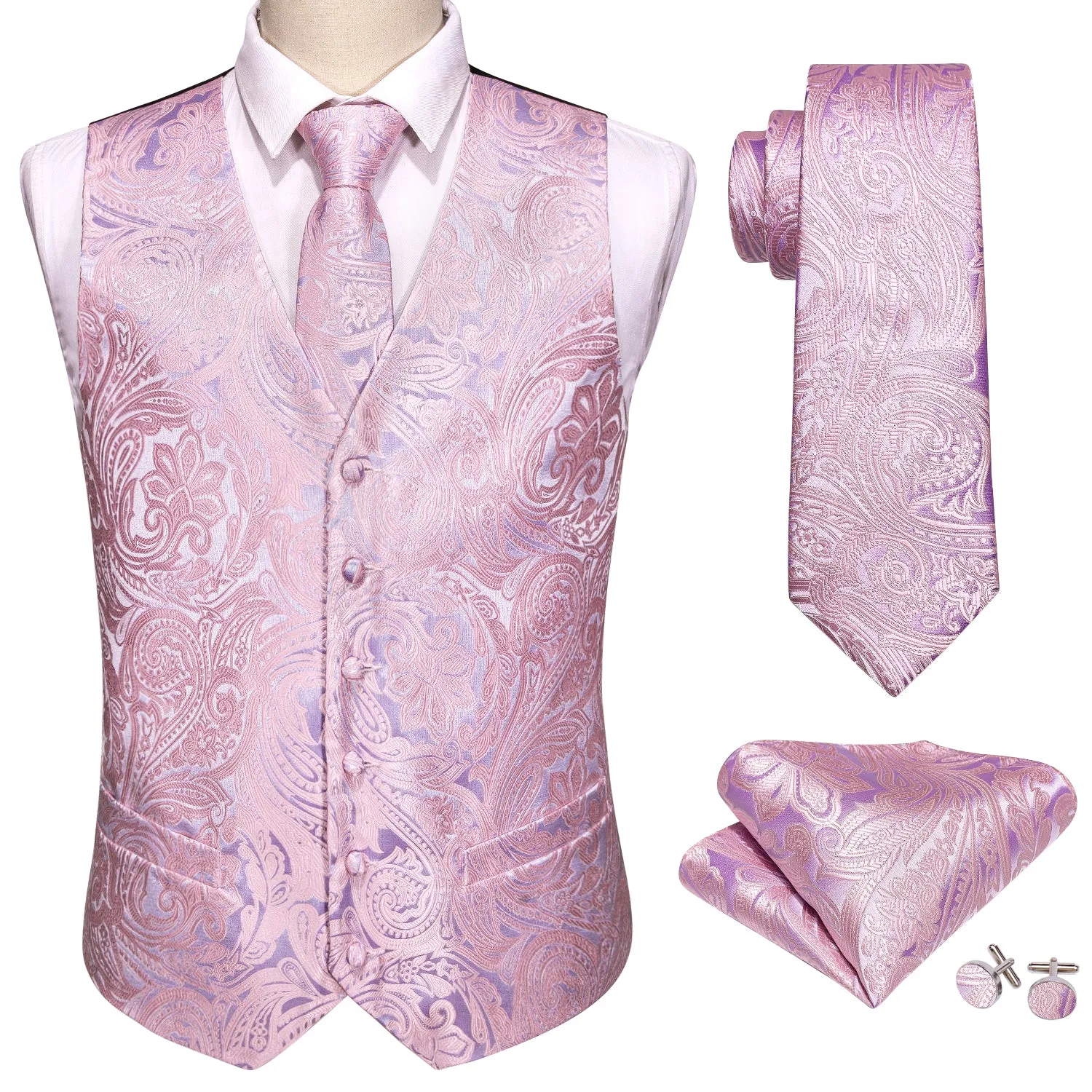 Barry. Wang Mens Dusty Rose Suit Waistcoat Floral Dress Vest Necktie Pocket Square Set sold by Barrywang product image thumbnail 3