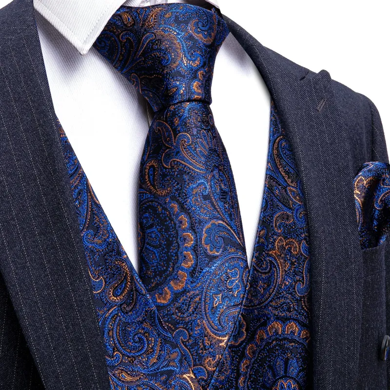 Barry. Wang Navy Blue Suit Vest Paisley Dress Vest Necktie Hanky Cufflinks Set sold by Barrywang