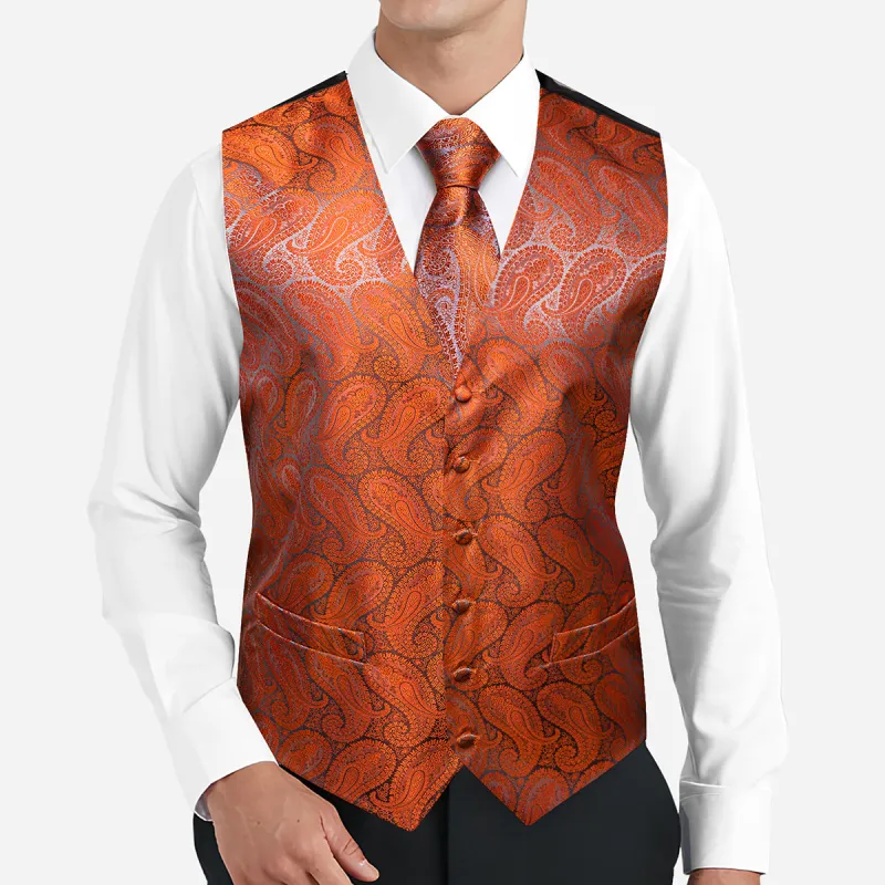 Barry. Wang Mens Burnt Orange Suit Vest Paisley Silk Wedding Waistcoat Tie Hanky Cufflinks Set sold by Barrywang