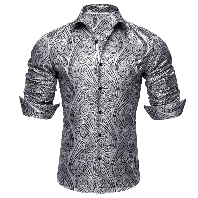 Barry. Wang Silver Button Down Shirt Floral Casual Long Sleeve Western Shirts for Party sold by Barrywang