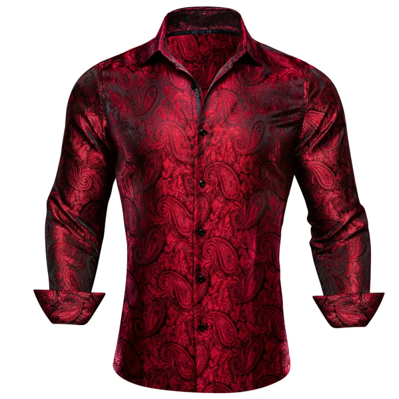 Barry. Wang Mens Burgundy Dress Shirt Paisley Silk Long Sleeve Button Down Formal Shirt sold by Barrywang