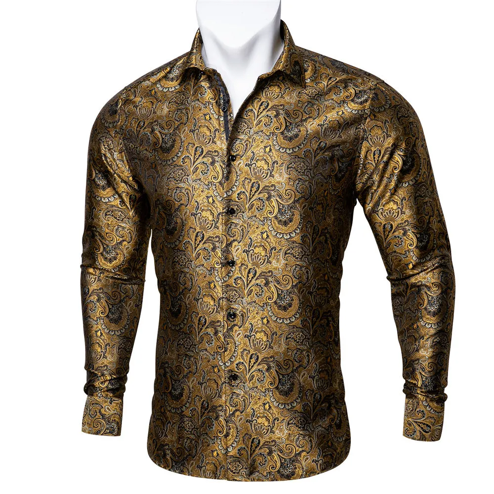 Barry. Wang Mens Gold Dress Shirt Paisley Silk Long Sleeve Button Down Shirt sold by Barrywang product image thumbnail 4
