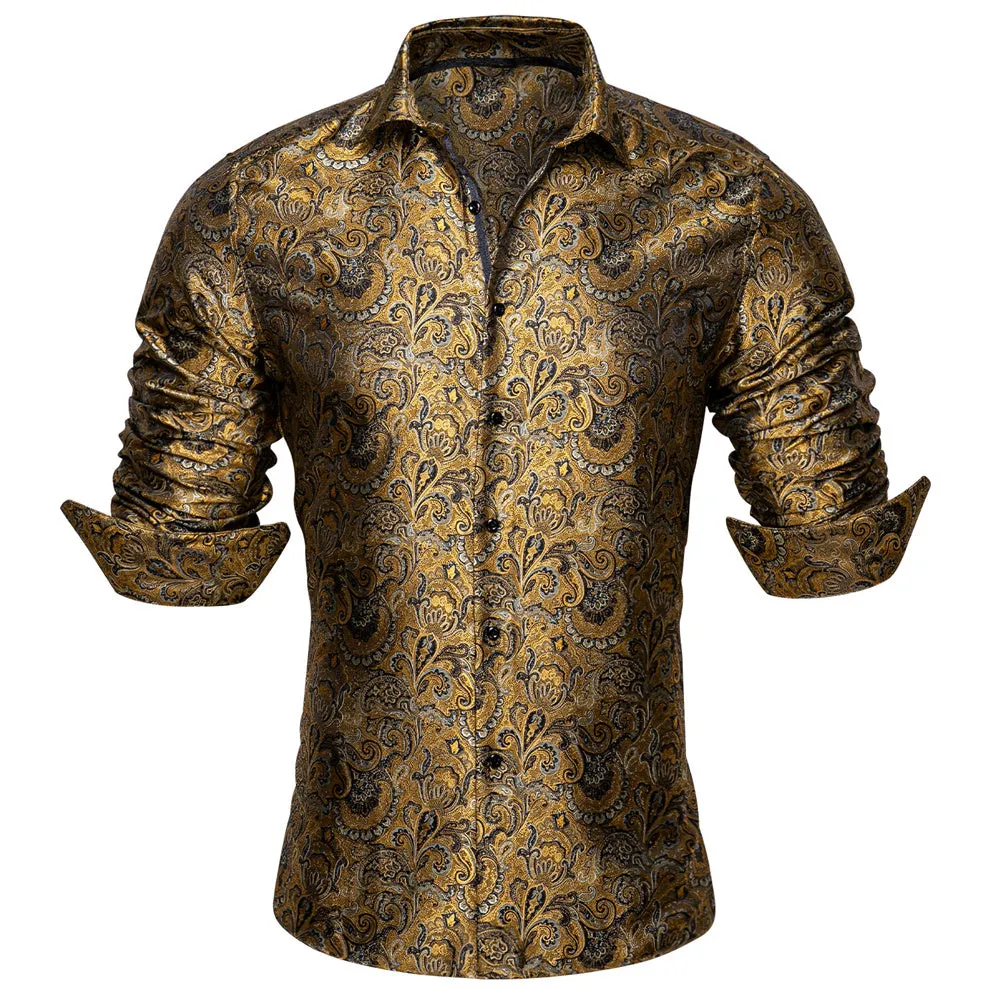 Barry. Wang Mens Gold Dress Shirt Paisley Silk Long Sleeve Button Down Shirt sold by Barrywang
