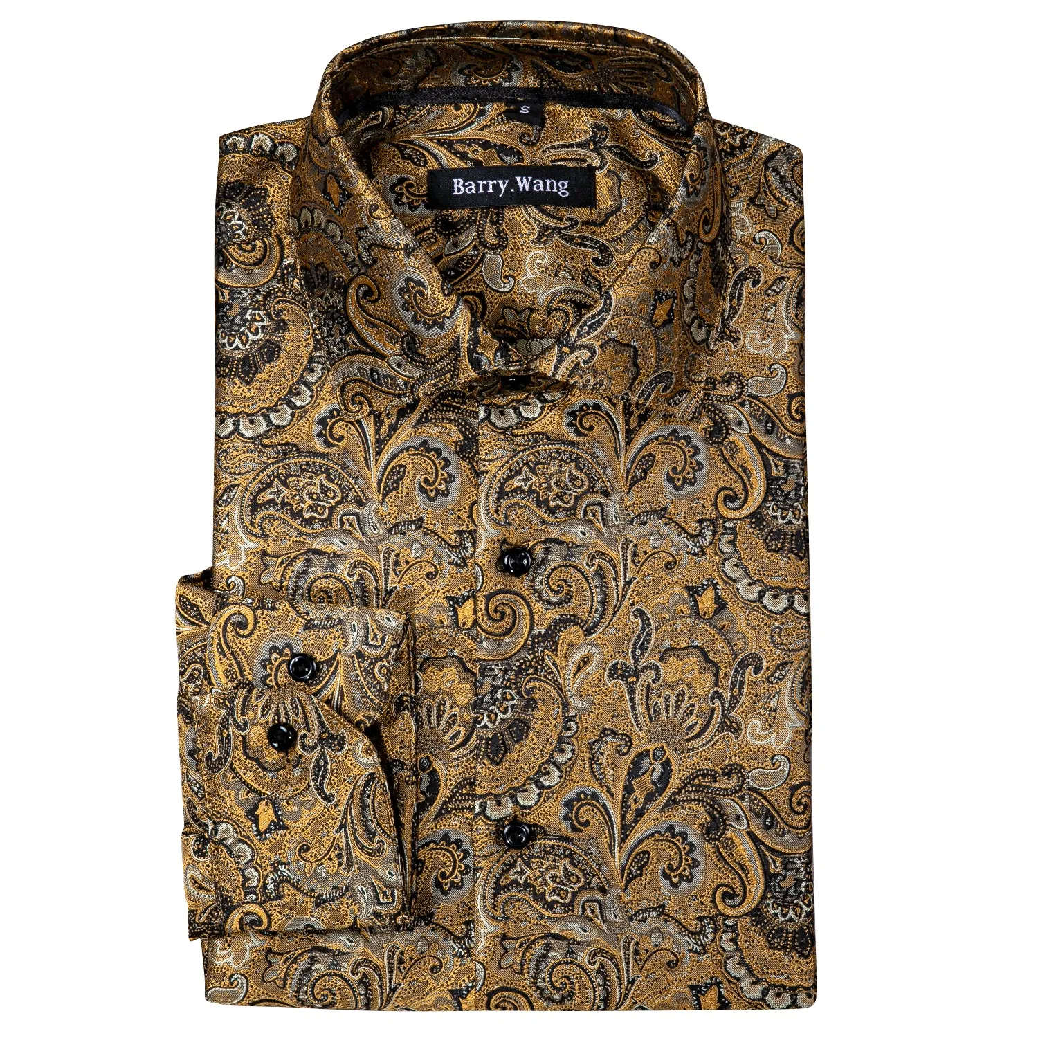 Barry. Wang Mens Gold Dress Shirt Paisley Silk Long Sleeve Button Down Shirt sold by Barrywang product image thumbnail 5