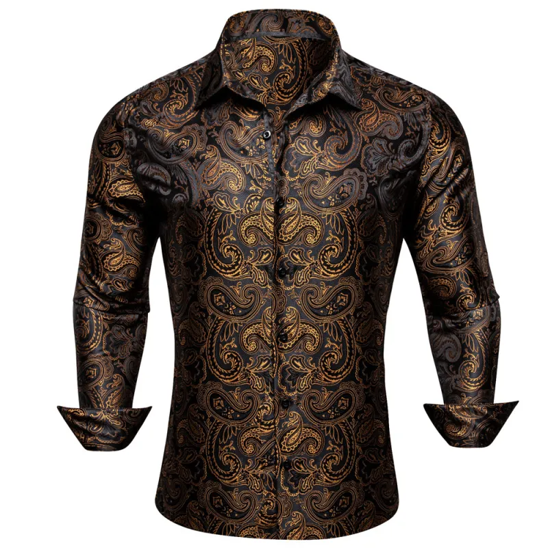Barry. Wang Glod Casual Shirt for Men Paisley Long Sleeve Button Down Shirt sold by Barrywang