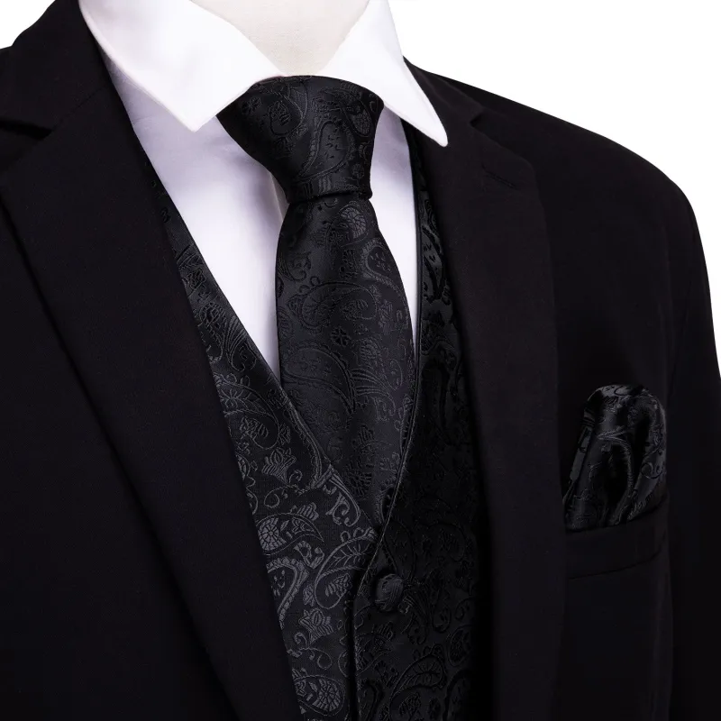 Barry. Wang Black suit Vest Paisley Jacquard Dress Waistcoat Pocket Square Cufflinks Set sold by Barrywang