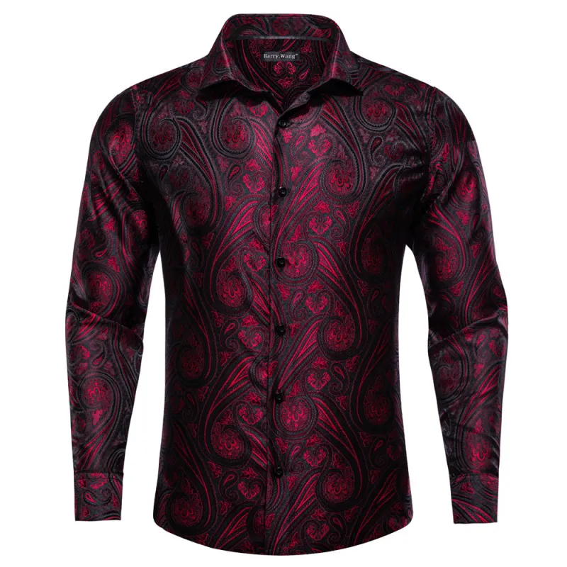 Barry. Wang Mens Western Shirt Silk Burgundy Paisley Long Sleeve Button Down Dress Shirt sold by Barrywang