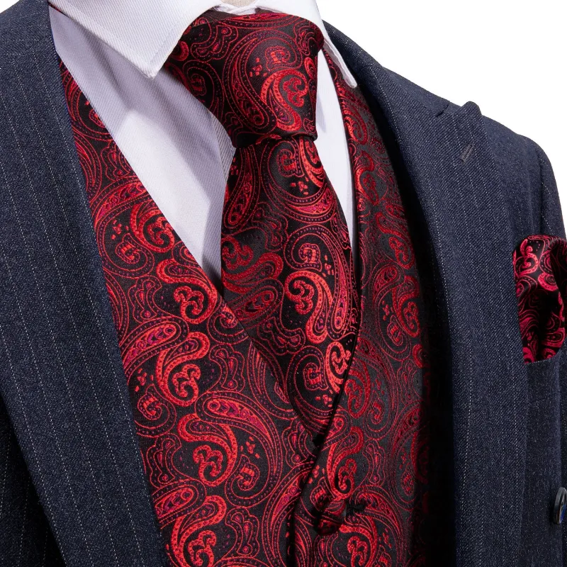 Barry. Wang Burgundy Vest Suit 4PCS Paisley Vest Tuxedo Necktie Hanky Cufflinks sold by Barrywang