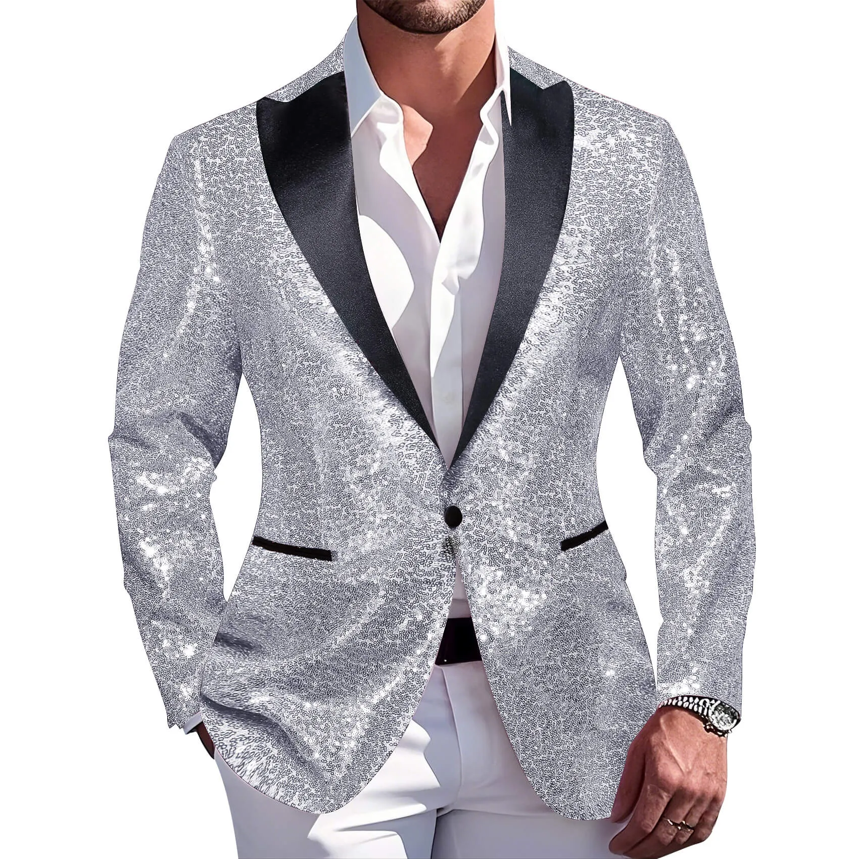 Barry. Wang Sequin Silver Wedding Suit For Men Satin Notch Collar One Button Jacket Party Dress sold by Barrywang product image thumbnail 2