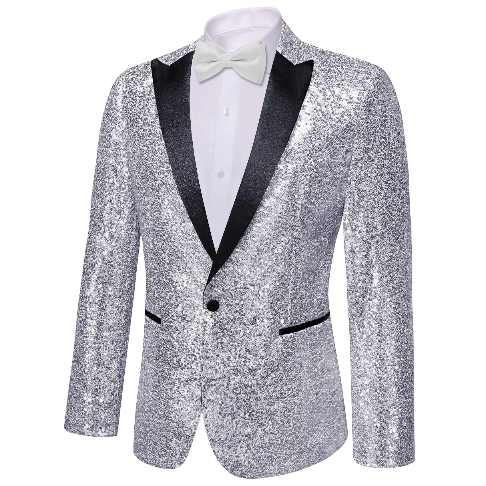 Barry. Wang Sequin Silver Wedding Suit For Men Satin Notch Collar One Button Jacket Party Dress sold by Barrywang product image thumbnail 3
