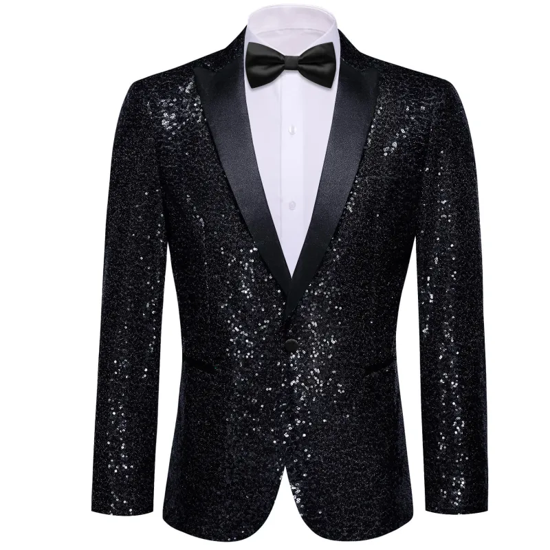 Barry. Wang Men's Black Shining Sequin Suit Slim One Button Jacquard Blazer Wedding Party Prom Tuxedos sold by Barrywang
