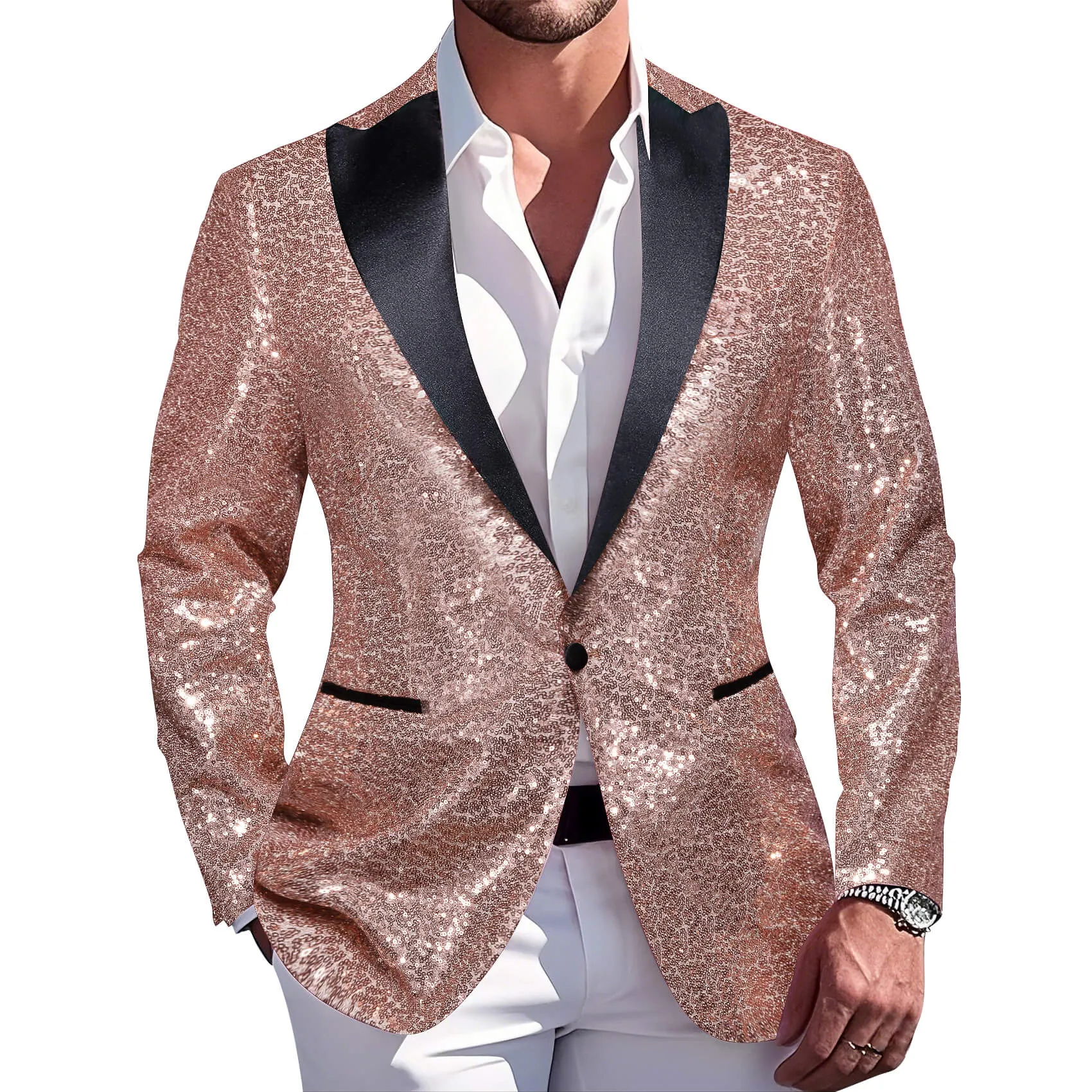 Barry. Wang Men's 70s Disco Sequin Rose Golden Blazer One Button Notch Collar Jacket Wedding Prom Tuxedo Coat sold by Barrywang product image thumbnail 2