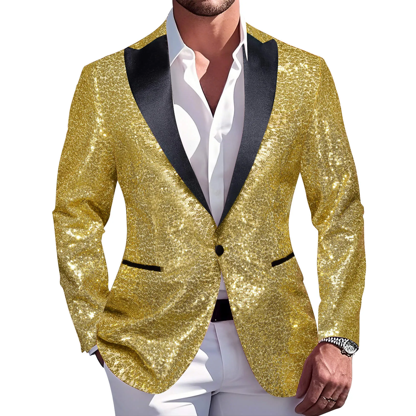Barry. Wang Men's Sequins Shiny Gold Suit Satin Notch Collar One Button Jacket Party Prom Festival Tuxedo sold by Barrywang product image thumbnail 2
