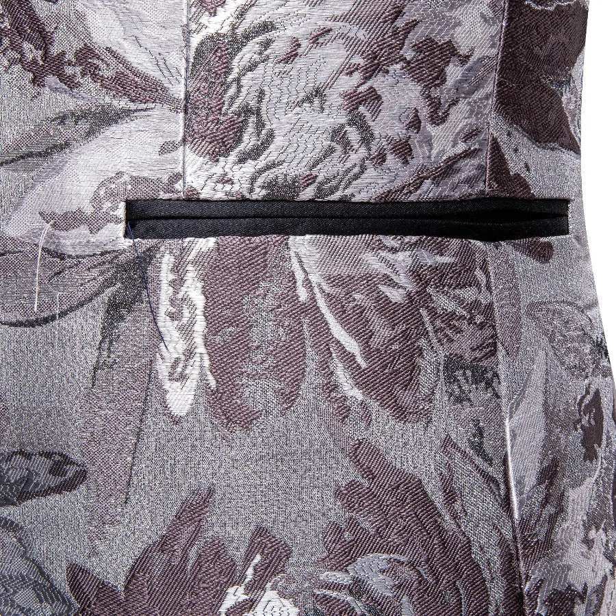 Barry. Wang Men's Neoclassical Metallic Silver Brown Floral Suit Shawl Lapel One Button Blazer Wedding Tuxedos sold by Barrywang product image thumbnail 4