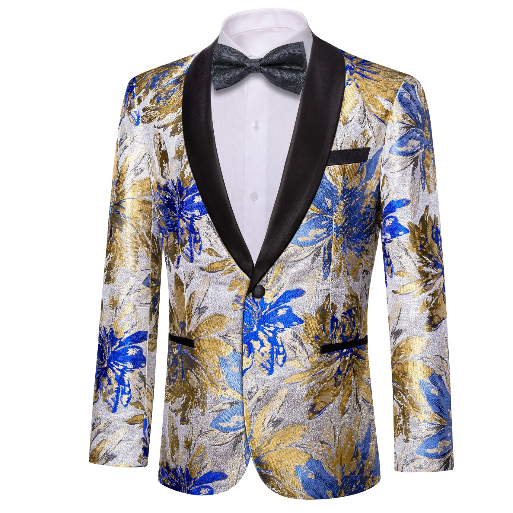 Barry. Wang Men's Baroque Wedding Suit Metallic Silver Royal Blue Gold Floral Shawl Collar Jacket Tuxedos sold by Barrywang product image thumbnail 2