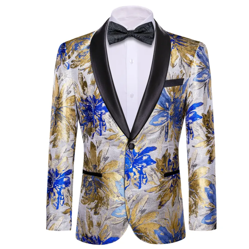 Barry. Wang Men's Baroque Wedding Suit Metallic Silver Royal Blue Gold Floral Shawl Collar Jacket Tuxedos sold by Barrywang