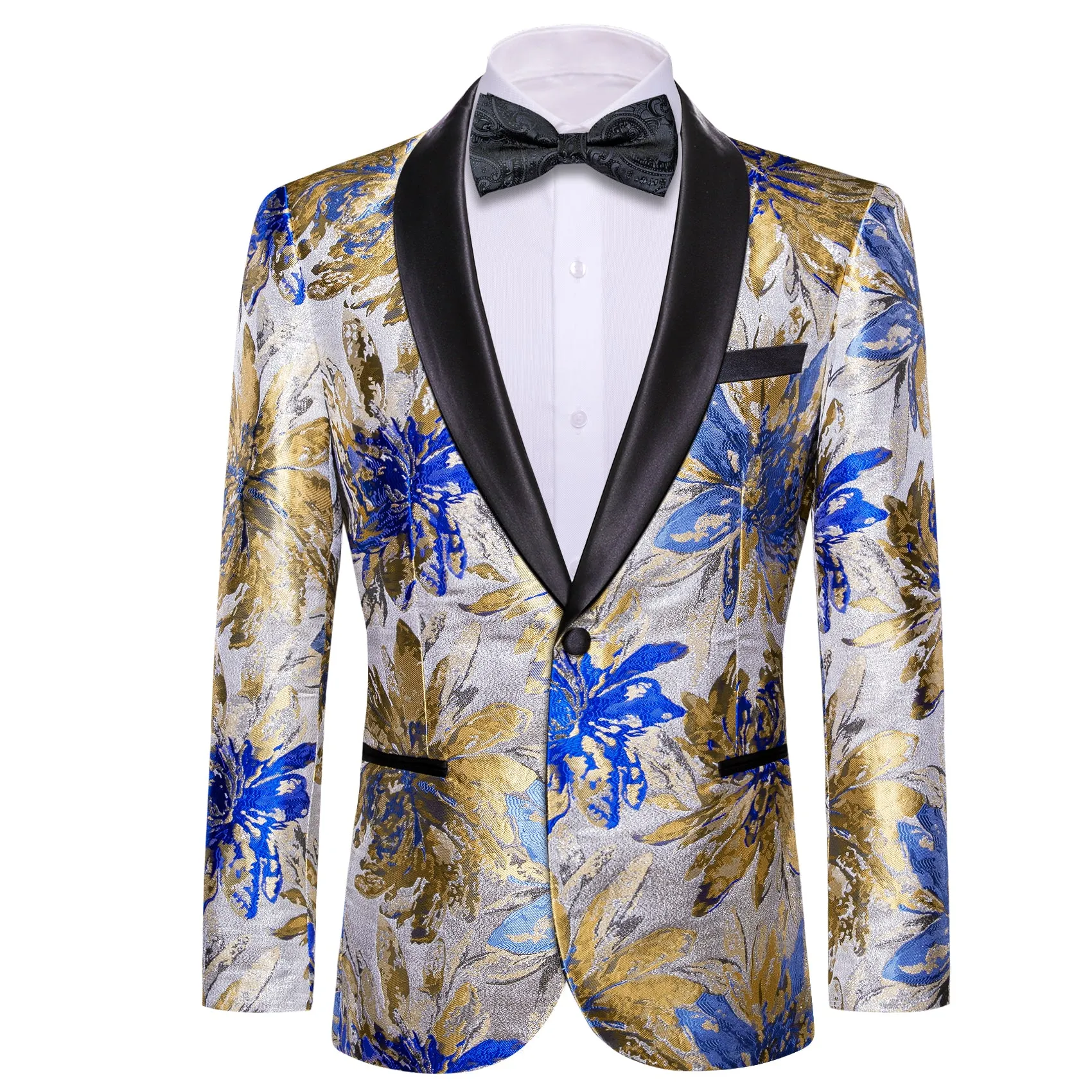 Barry. Wang Men's Baroque Wedding Suit Metallic Silver Royal Blue Gold Floral Shawl Collar Jacket Tuxedos sold by Barrywang