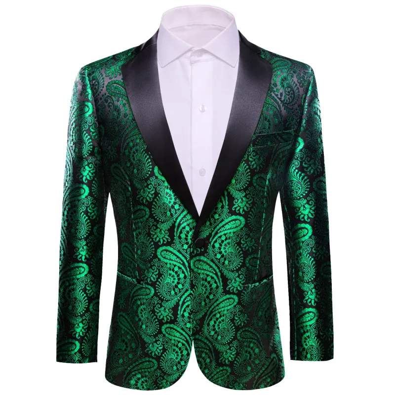 Barry. Wang Men's Emerald Green Paisley Suit Black Satin Notched Collar One Button Banquet Jacket sold by Barrywang