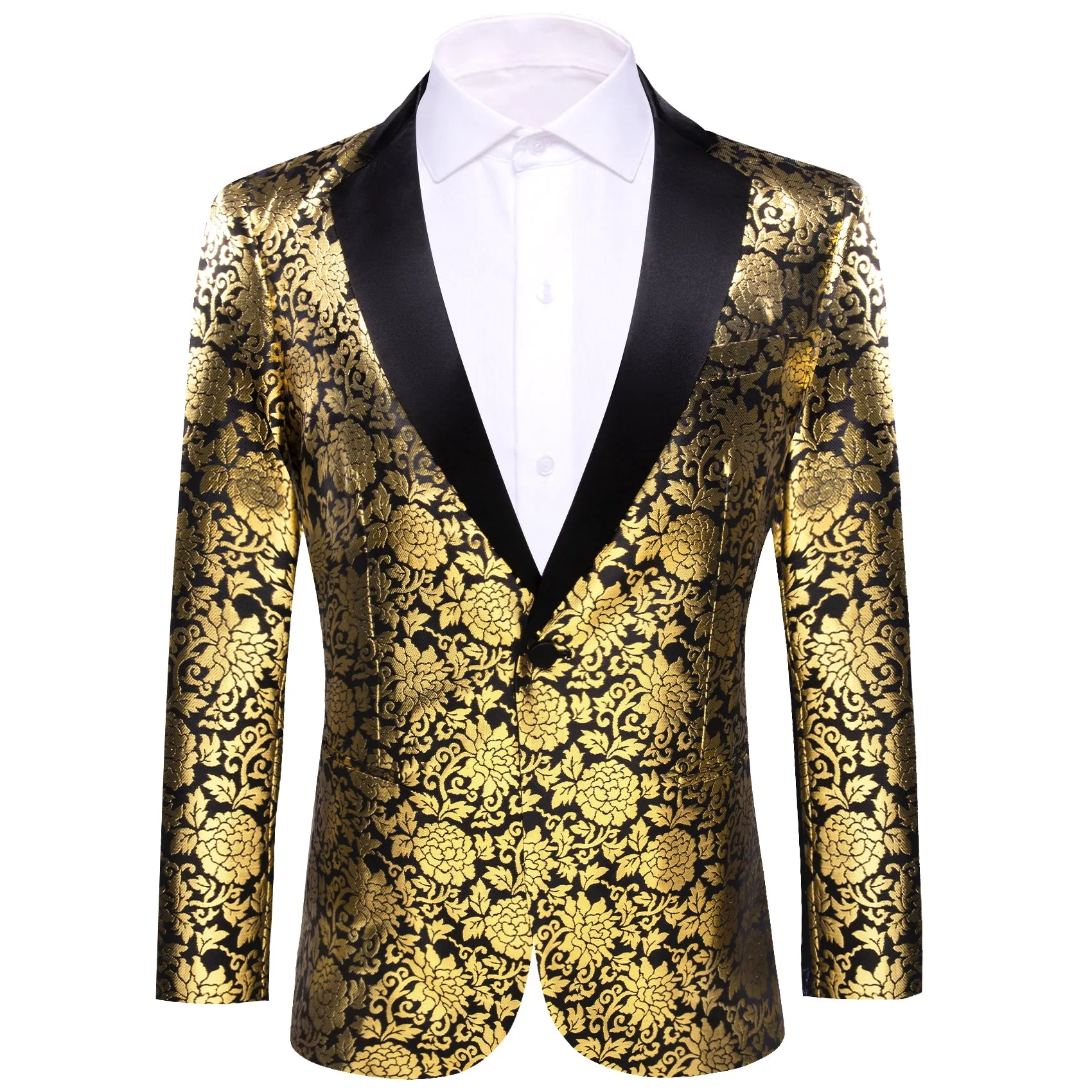 Barry. Wang Men's Gold Floral Banquet Suit Black Satin Notched Collar Tuxedos Party Wedding Dress sold by Barrywang