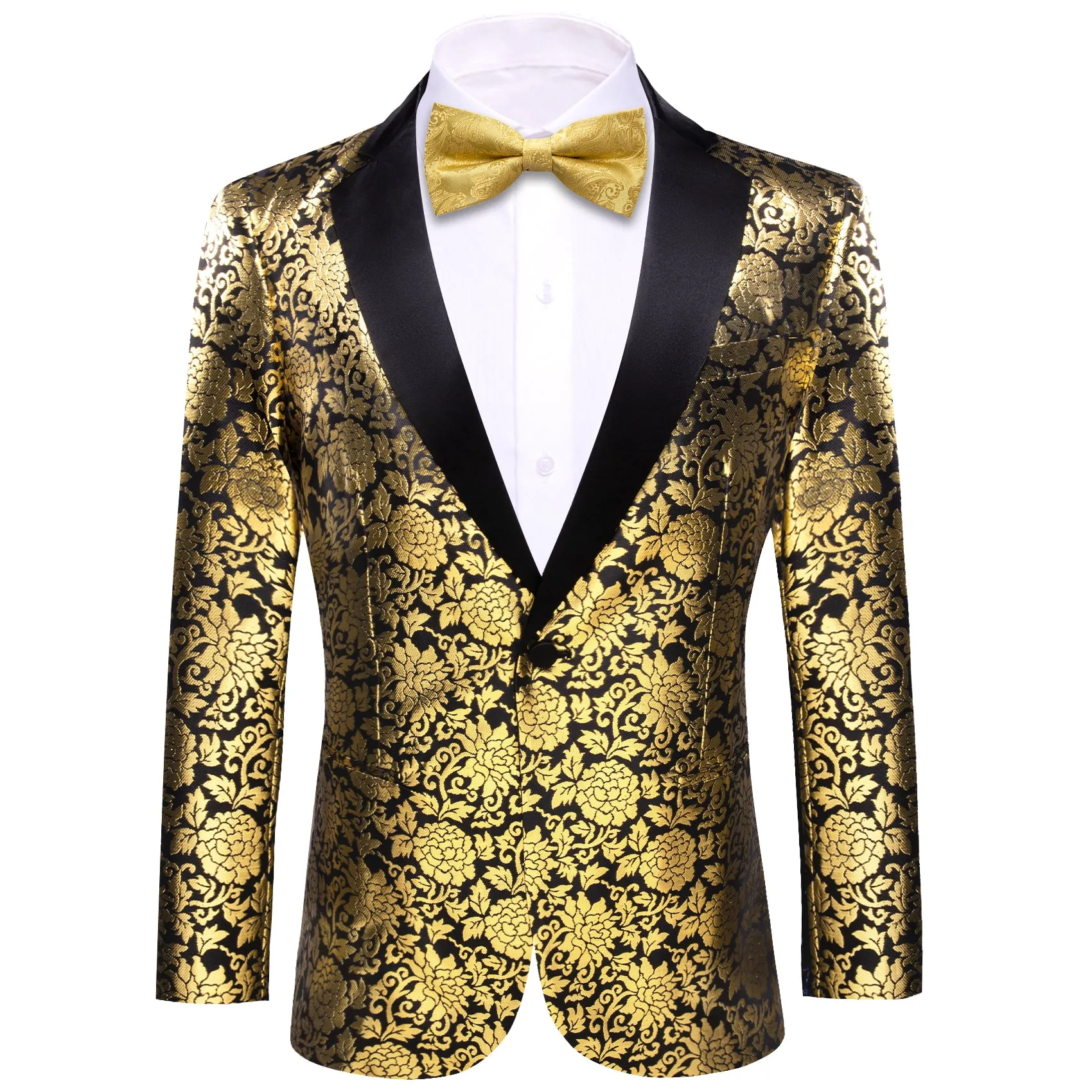 Barry. Wang Men's Gold Floral Banquet Suit Black Satin Notched Collar Tuxedos Party Wedding Dress sold by Barrywang product image thumbnail 2