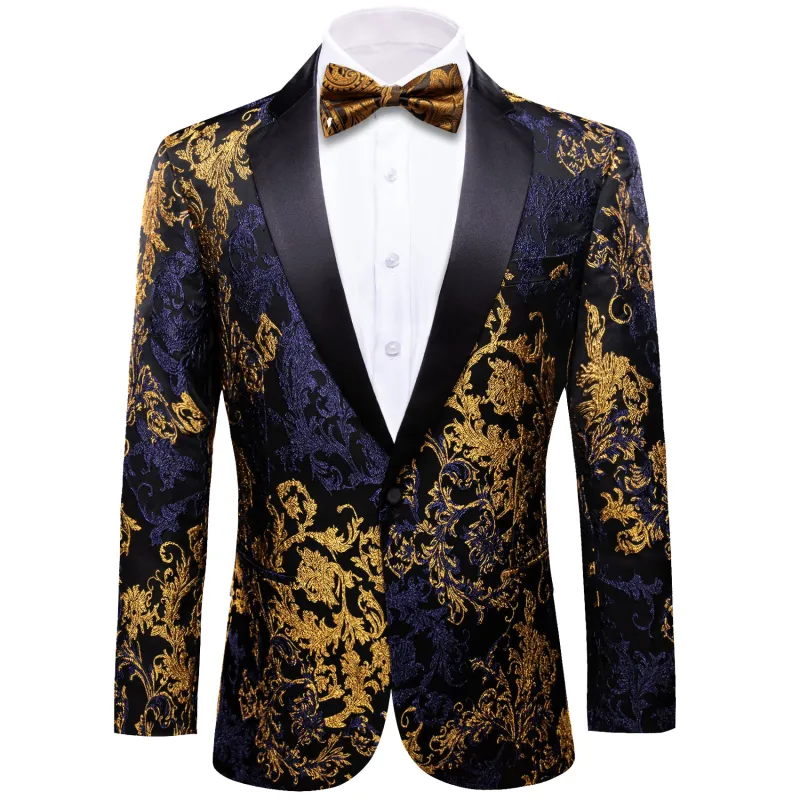 Barry. Wang Men's Gold Floral Banquet Suit One Button Notch-Lapel Jacquard Wedding Tuxedos sold by Barrywang