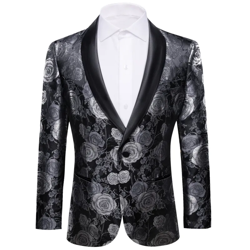 Barry. Wang Men's Castle Style Silver Rose Suit Shawl Collar Jacket Slim One Button Wedding Blazer sold by Barrywang