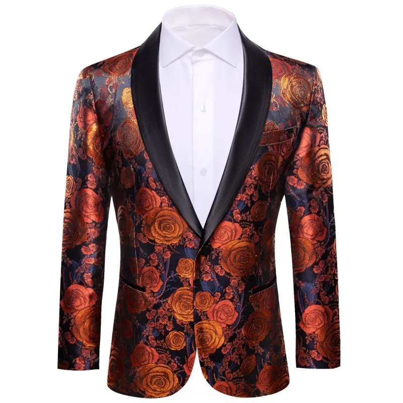 Barry. Wang Castle Style Sunset Orange Blue Roses Suit One Button Shawl Collar Blazer Jacket for Men made by Barrywang
