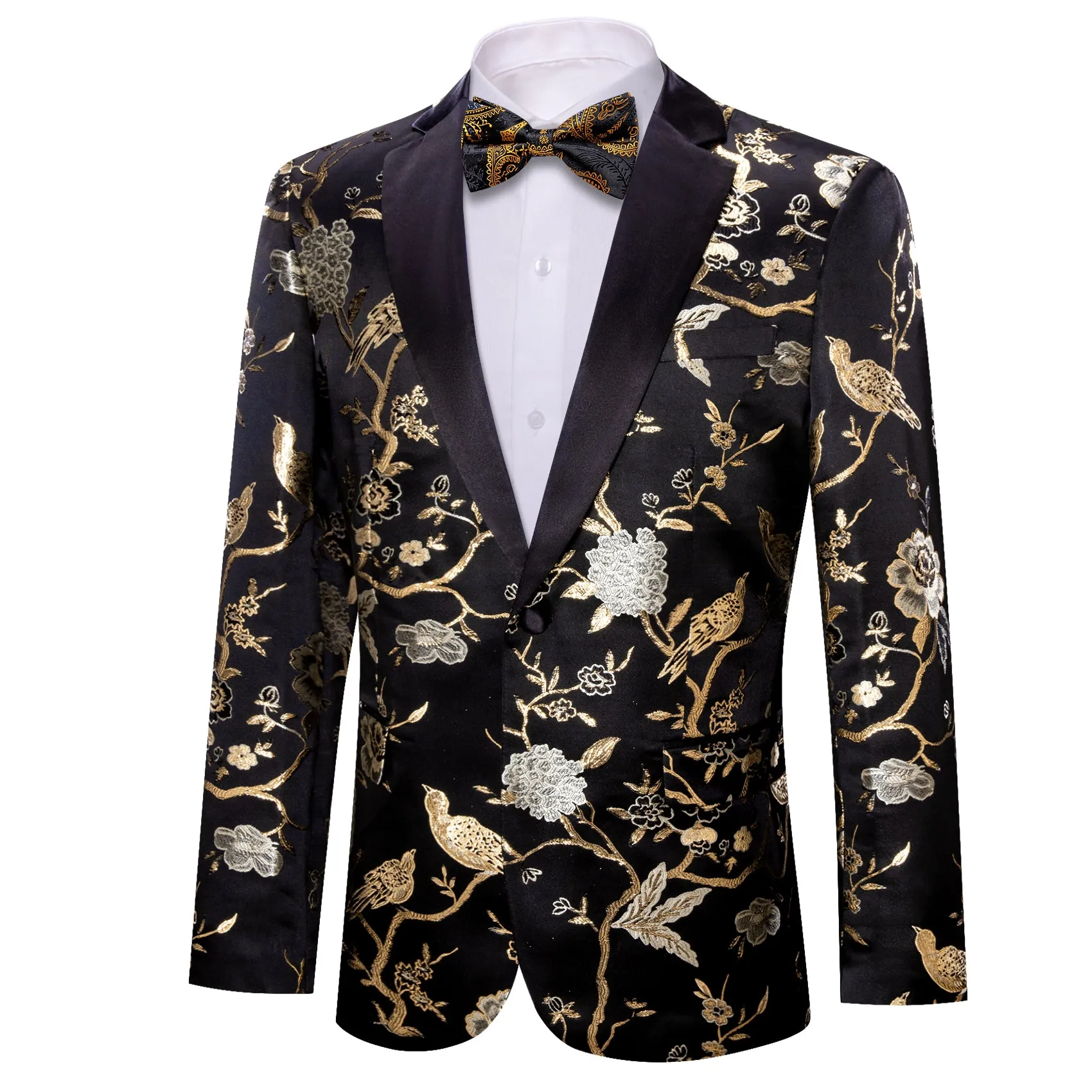 Barry. Wang Men's Black Gold Floral Suit Notch-Lapel Jacquard Blazer Tuxedos For Wedding Banquet sold by Barrywang product image thumbnail 2