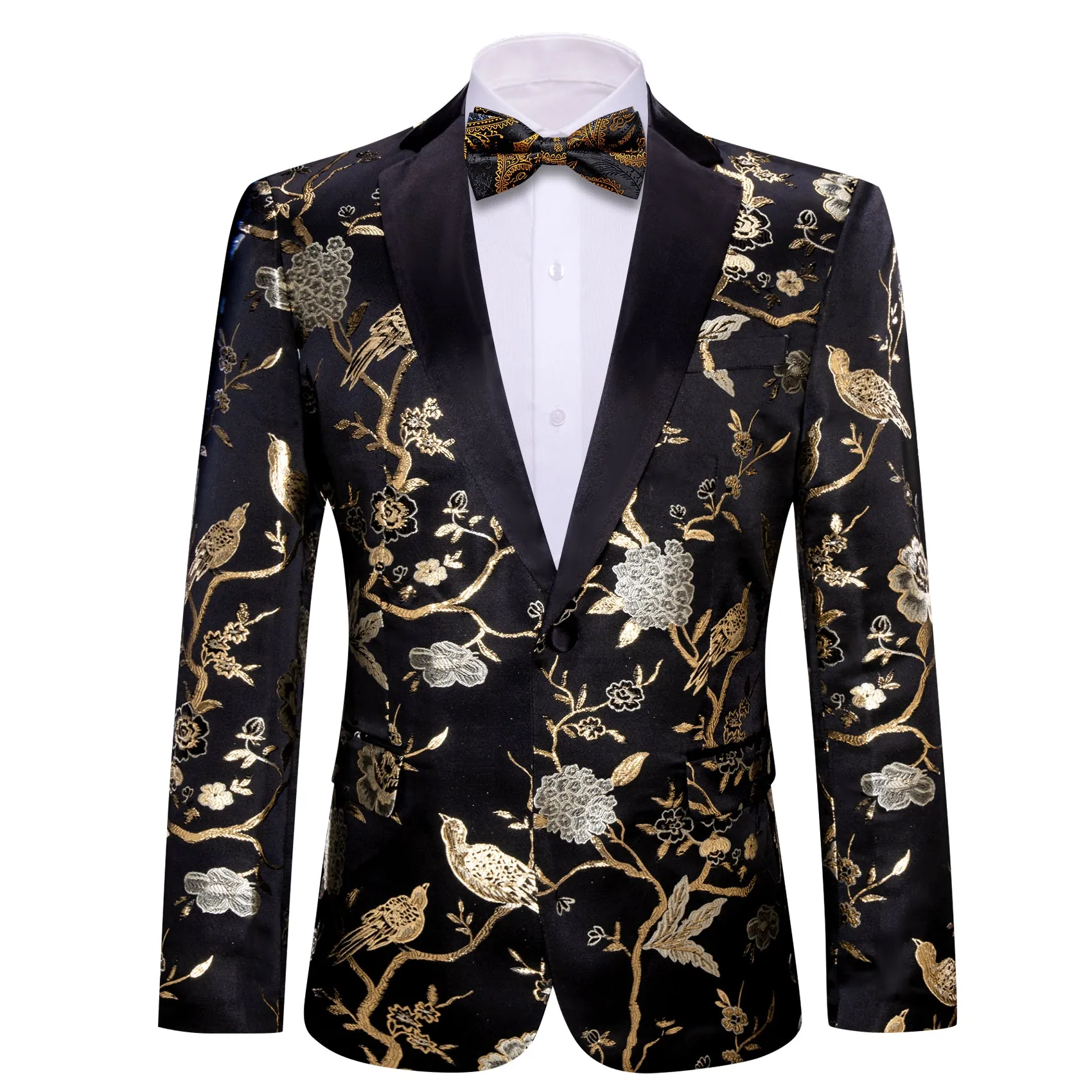 Barry. Wang Men's Black Gold Floral Suit Notch-Lapel Jacquard Blazer Tuxedos For Wedding Banquet sold by Barrywang