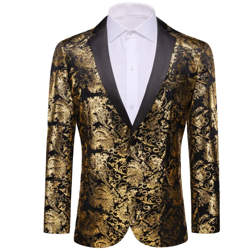 Barry. Wang Men's Vintage Gold Floral Suit Black Notched Lapel Blazer One Button Jacket For Dinner sold by Barrywang