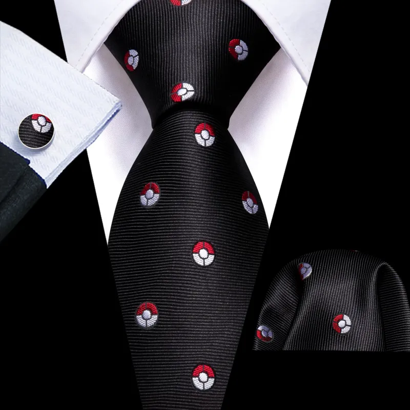 Barry. Wang Black Tie Anime-Inspired Red & White  Ball Pattern Novelty Necktie Set for Men sold by Barrywang
