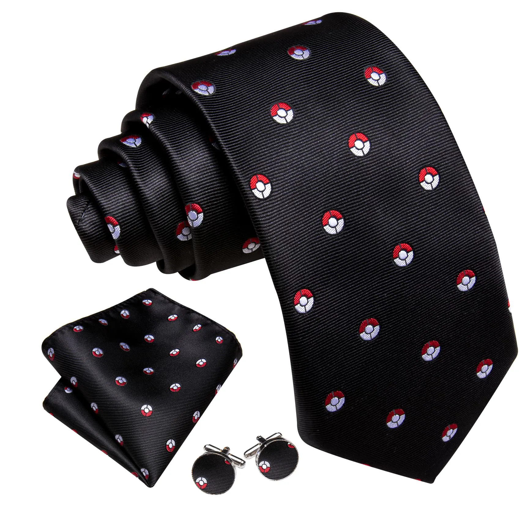 Barry. Wang Black Tie Anime-Inspired Red & White Ball Pattern Novelty Necktie Set for Men sold by Barrywang product image thumbnail 2