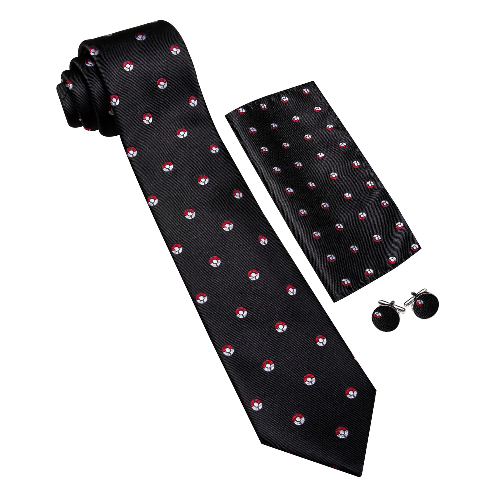 Barry. Wang Black Tie Anime-Inspired Red & White Ball Pattern Novelty Necktie Set for Men sold by Barrywang product image thumbnail 3