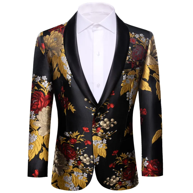 Barry. Wang Men's Black Gold Oriental Floral Suit Shawl One Button Collar Jacquard Blazer For Dinner Party made by Barrywang