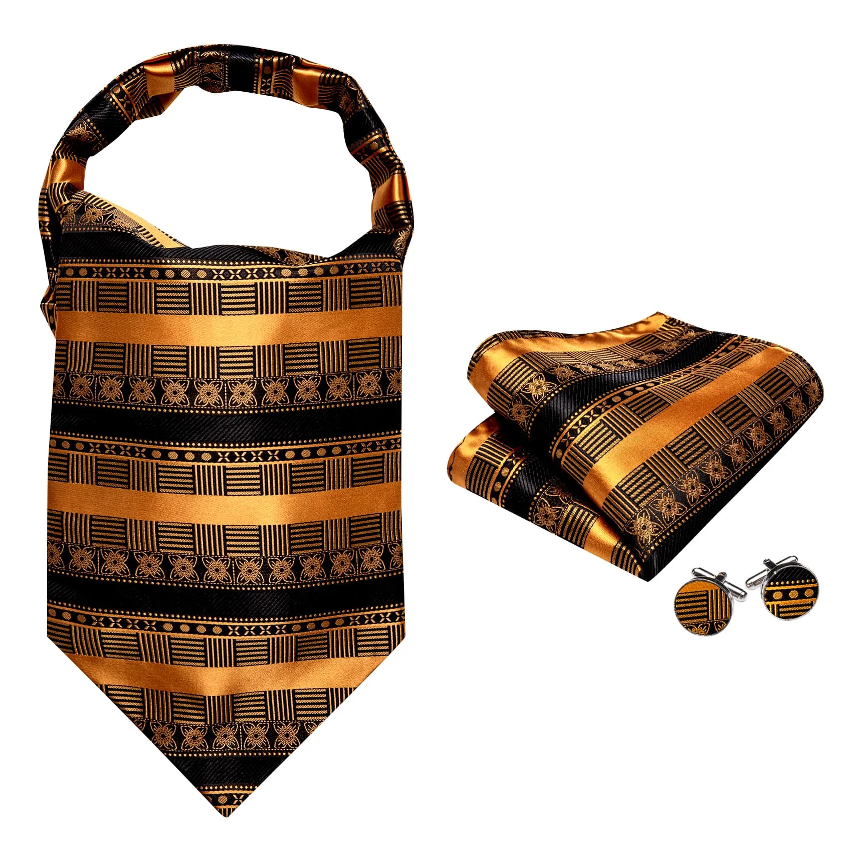 Barry. Wang Silk Ascot Black Gold Self Cravat For Men Wedding NeckTie Handkerchief Cufflink Set sold by Barrywang product image thumbnail 4