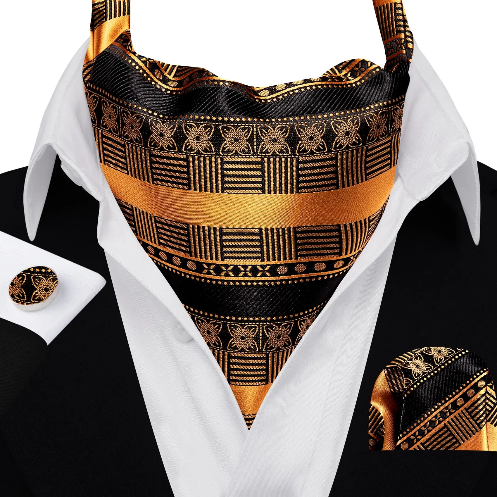 Barry. Wang Silk Ascot Black Gold Self Cravat For Men Wedding NeckTie Handkerchief Cufflink Set sold by Barrywang product image thumbnail 3
