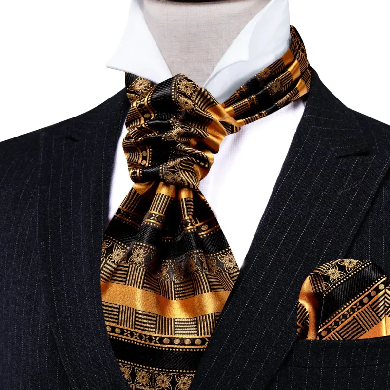 Barry. Wang Silk Ascot Black Gold Self Cravat For Men Wedding NeckTie Handkerchief Cufflink Set sold by Barrywang