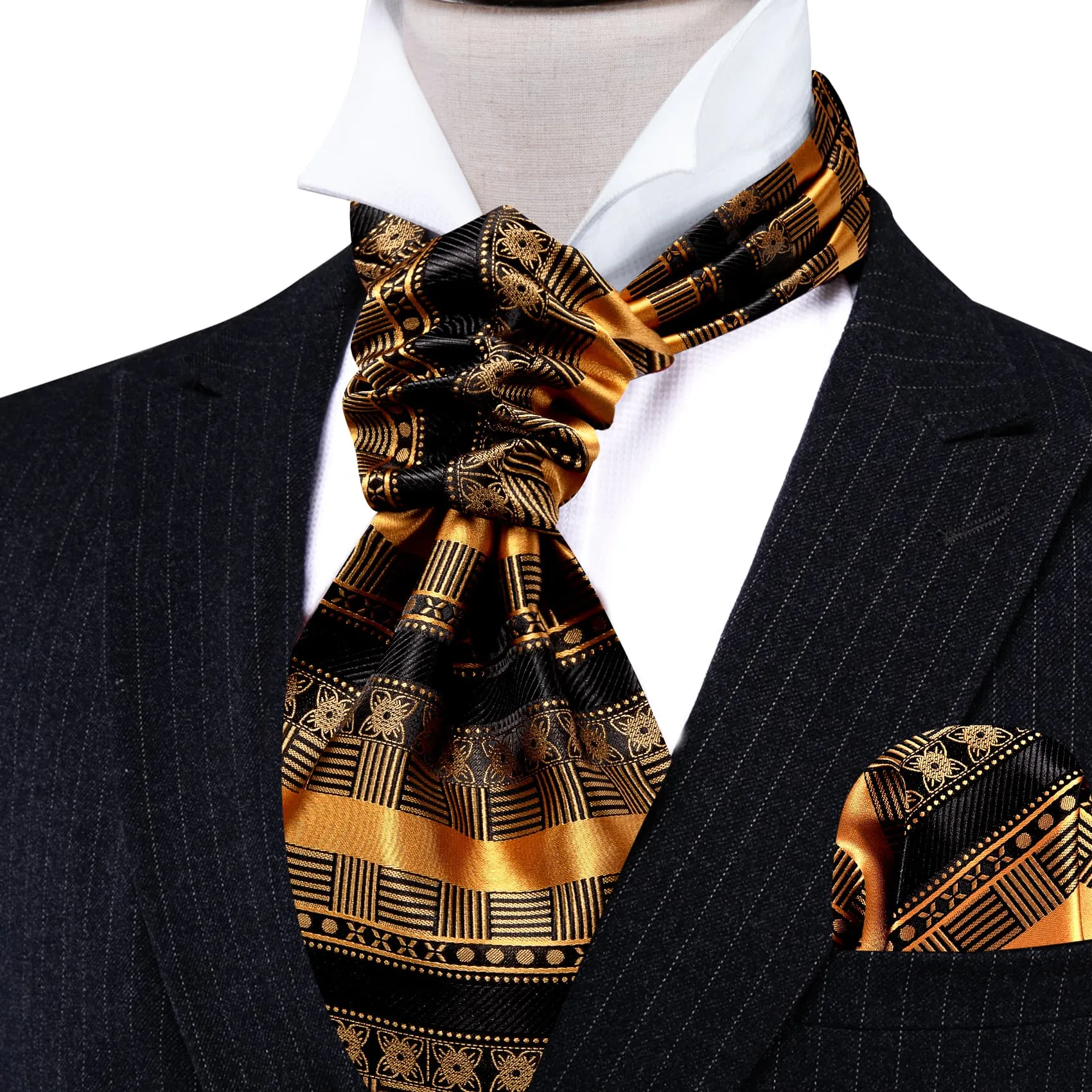 Barry. Wang Silk Ascot Black Gold Self Cravat For Men Wedding NeckTie Handkerchief Cufflink Set sold by Barrywang