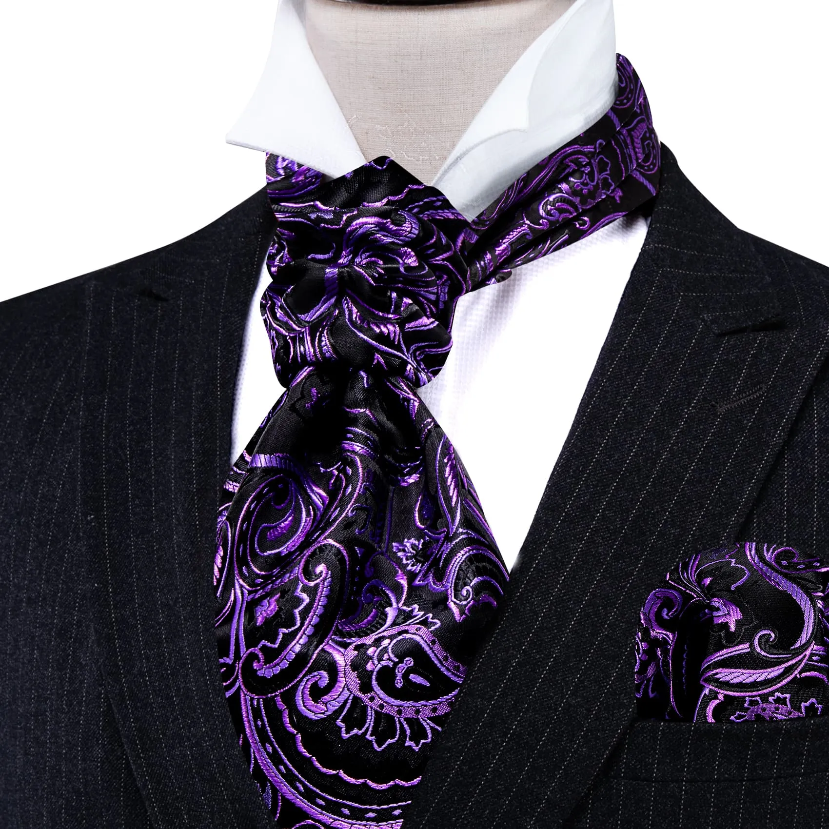 Barry. Wang Men's Ascot Black Wisteria Paisley Cravat Silk Wedding Necktie Handkerchief Cufflink Set sold by Barrywang