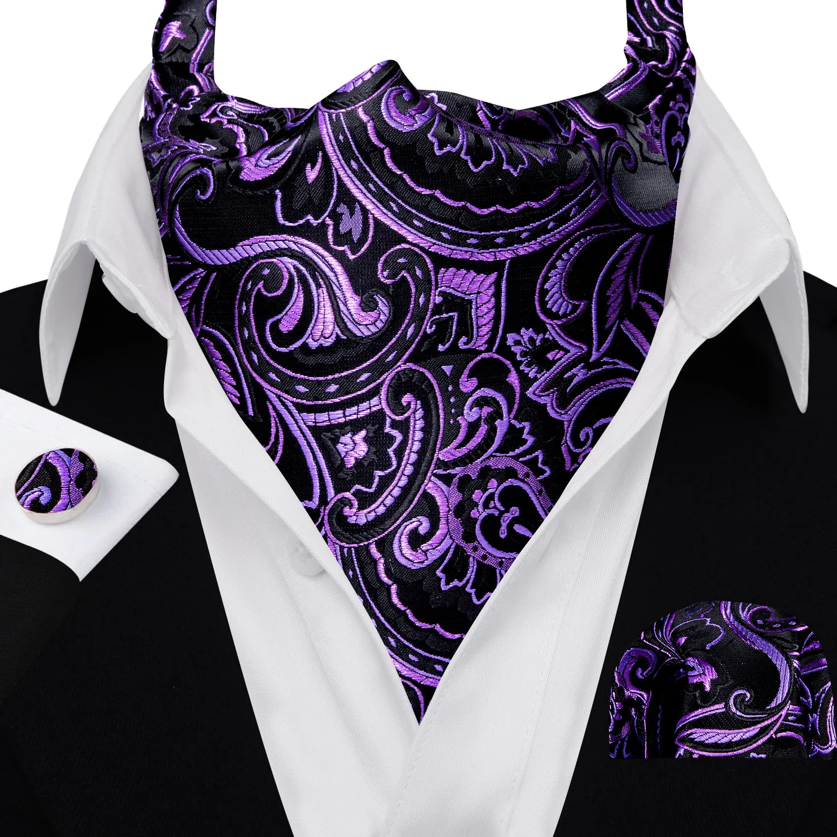 Barry. Wang Men's Ascot Black Wisteria Paisley Cravat Silk Wedding Necktie Handkerchief Cufflink Set sold by Barrywang product image thumbnail 3
