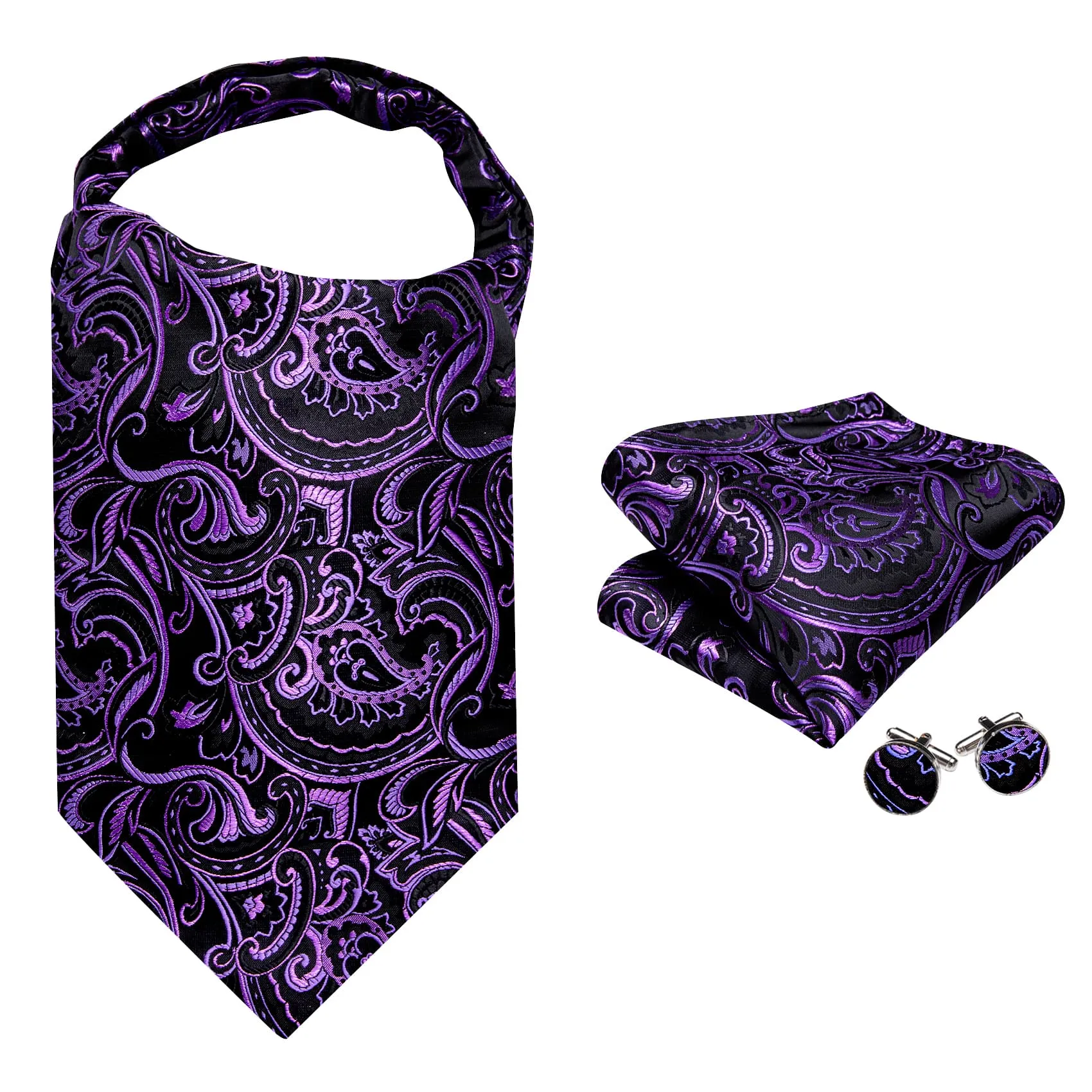 Barry. Wang Men's Ascot Black Wisteria Paisley Cravat Silk Wedding Necktie Handkerchief Cufflink Set sold by Barrywang product image thumbnail 4