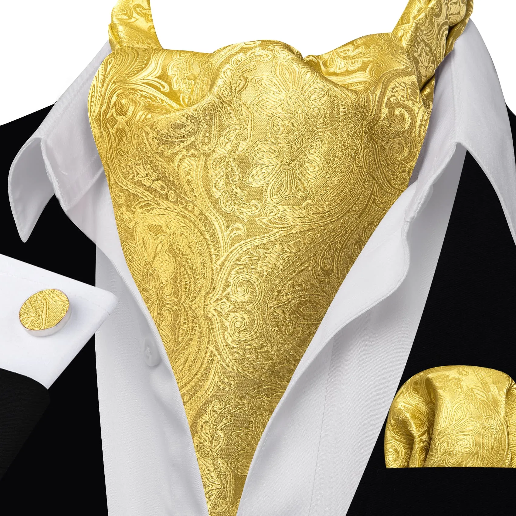 Barry. Wang Yellow Floral Silk Ascot For Men Wedding Party Cravat Handkerchief Cufflinks Set sold by Barrywang product image thumbnail 3