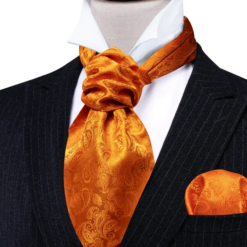 Barry. Wang Men's Orange Paisley Party Ascot Silk NeckTie Self Wedding Cravat Hanky Cufflinks Set sold by Barrywang