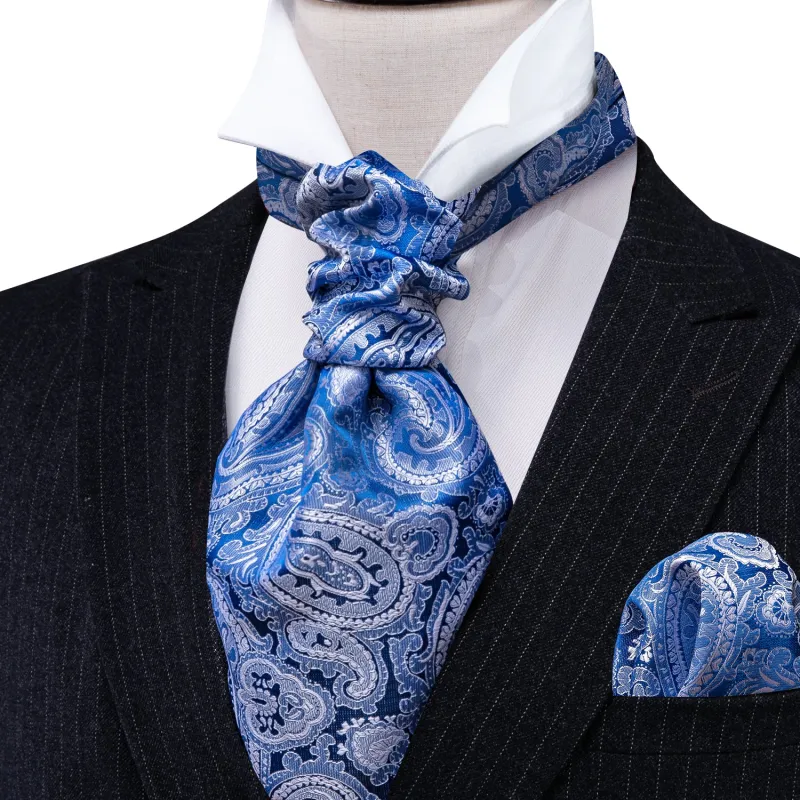 Barry. Wang Men's Sky Blue Paisley Silk Ascot Self Wedding Party Cravat Scarf Handkerchief Cufflinks Set made by Barrywang