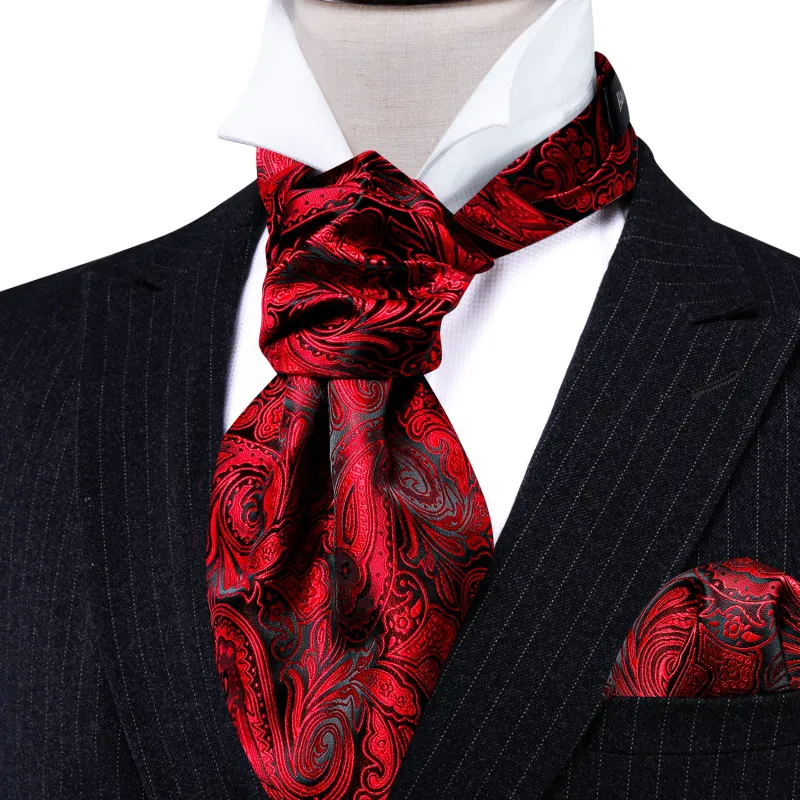 Barry. Wang Men's Red Paisley Ascot Cravat Wedding Party Self Neck Tie Handkerchief Cufflinks Set sold by Barrywang