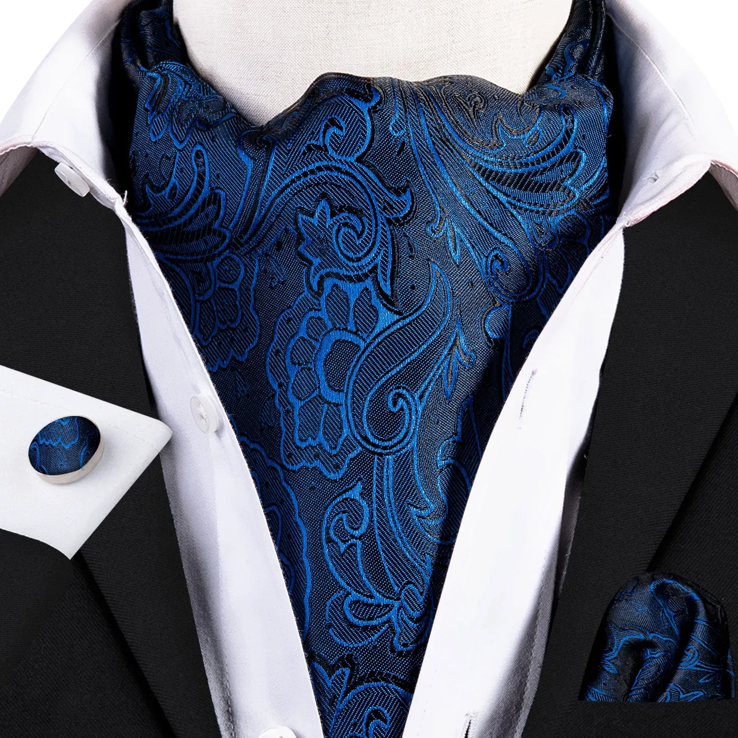 Barry. Wang Men's Ascot Royal Blue Floral Silk Cravat Wedding Party Handkerchief Cufflinks Set sold by Barrywang product image thumbnail 4