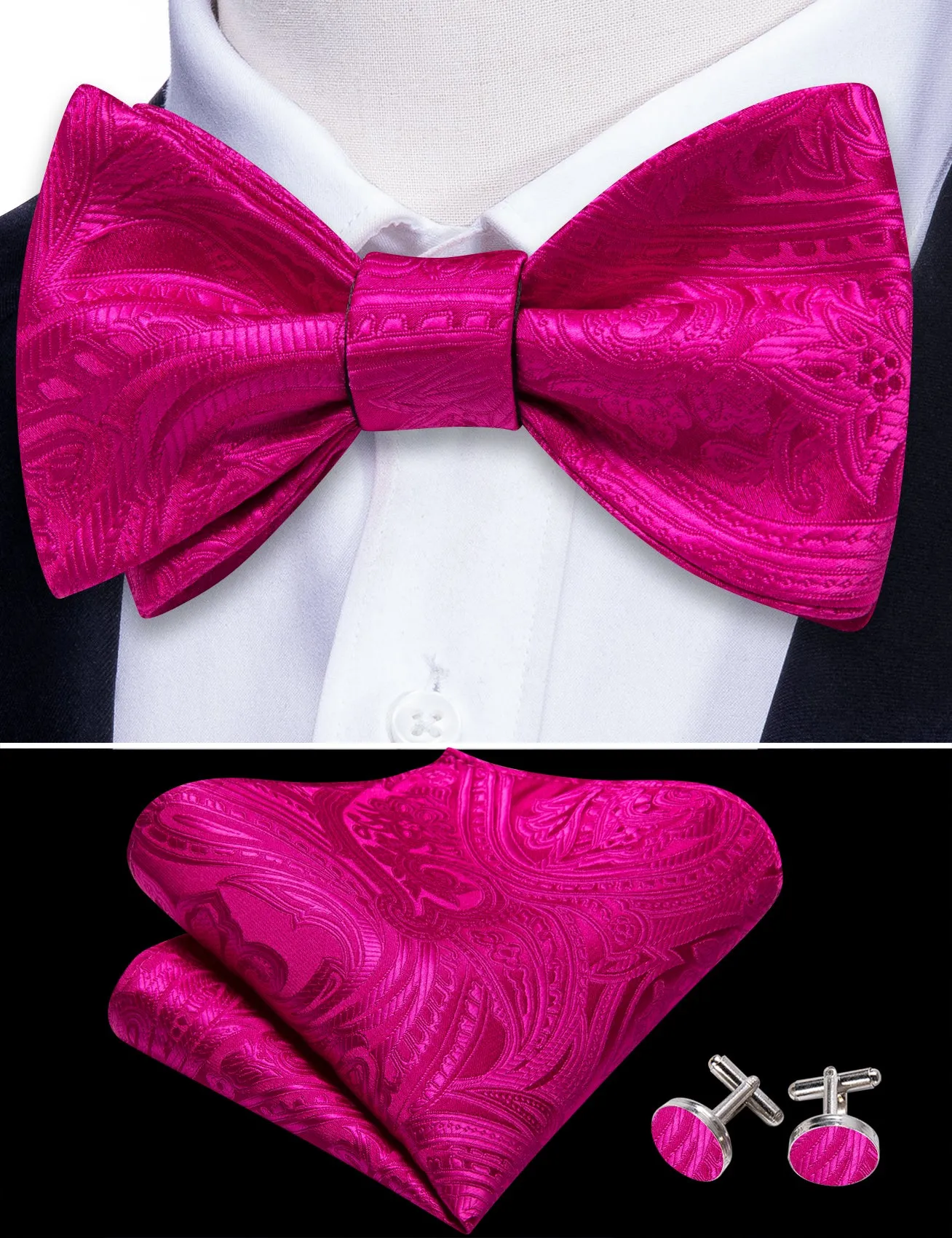 Barry. Wang Hot Pink Bowtie Men's Cufflinks Set Jacquard Floral Self-tied Bow Tie for Formal Tuxedos sold by Barrywang