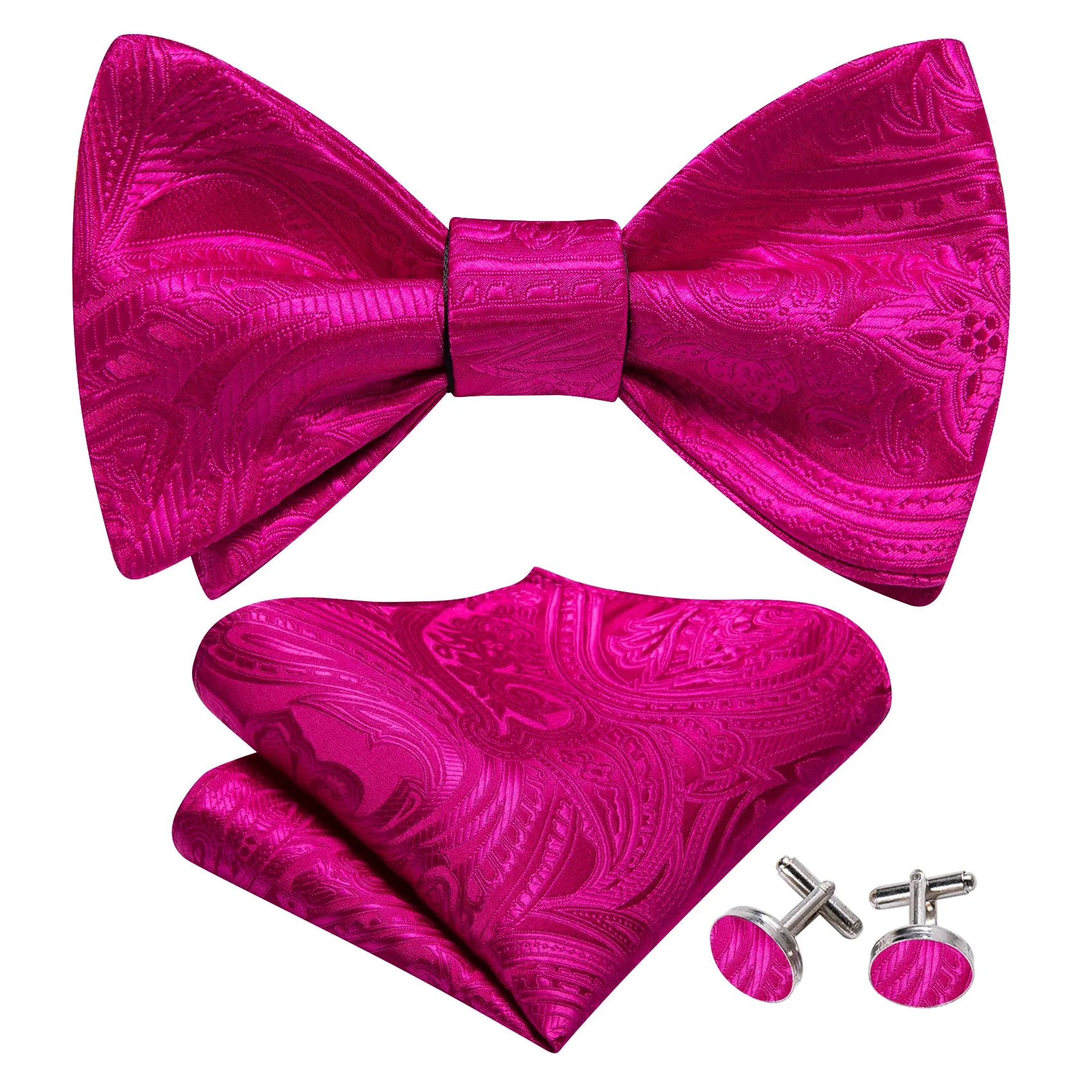 Barry. Wang Hot Pink Bowtie Men's Cufflinks Set Jacquard Floral Self-tied Bow Tie for Formal Tuxedos sold by Barrywang product image thumbnail 2