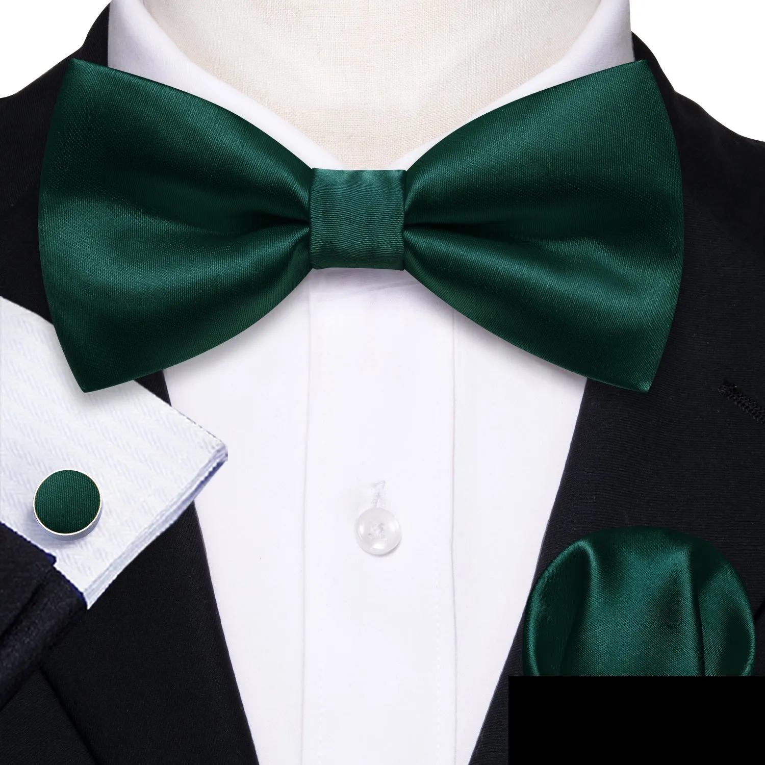 Barry. Wang Hunter Green Bow Tie Solid Pre-tied Men's Wedding Party Bowtie Pocket Square Cufflinks Set sold by Barrywang product image thumbnail 3